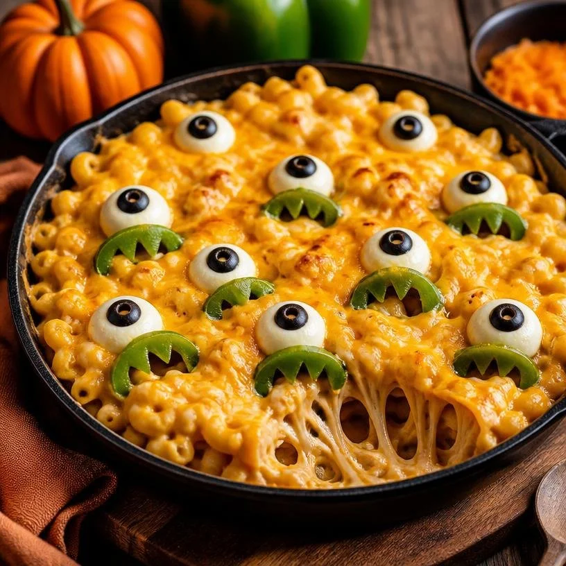 Monster Halloween Mac and Cheese served in a pumpkin-themed bowl