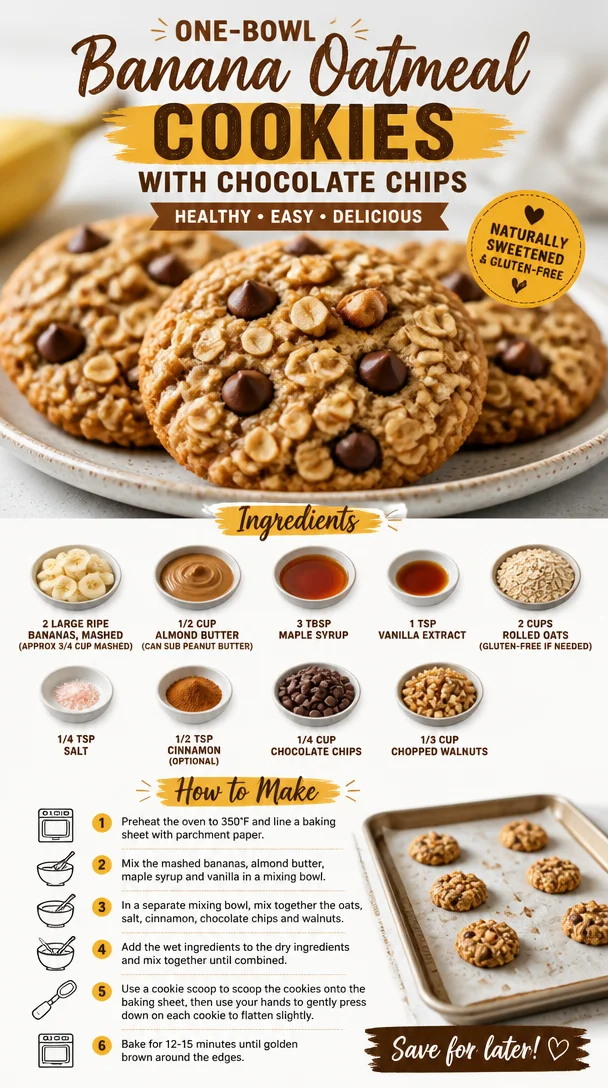 One-bowl banana oatmeal cookies with chocolate chips on a baking tray