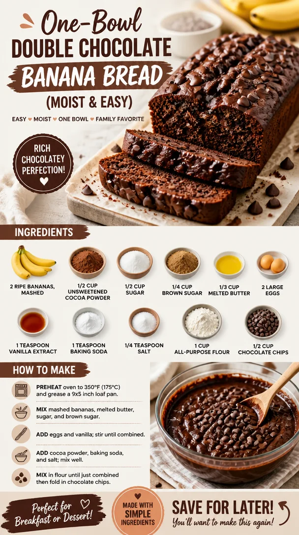 One-bowl double chocolate banana bread recipe with bananas and chocolate chips.