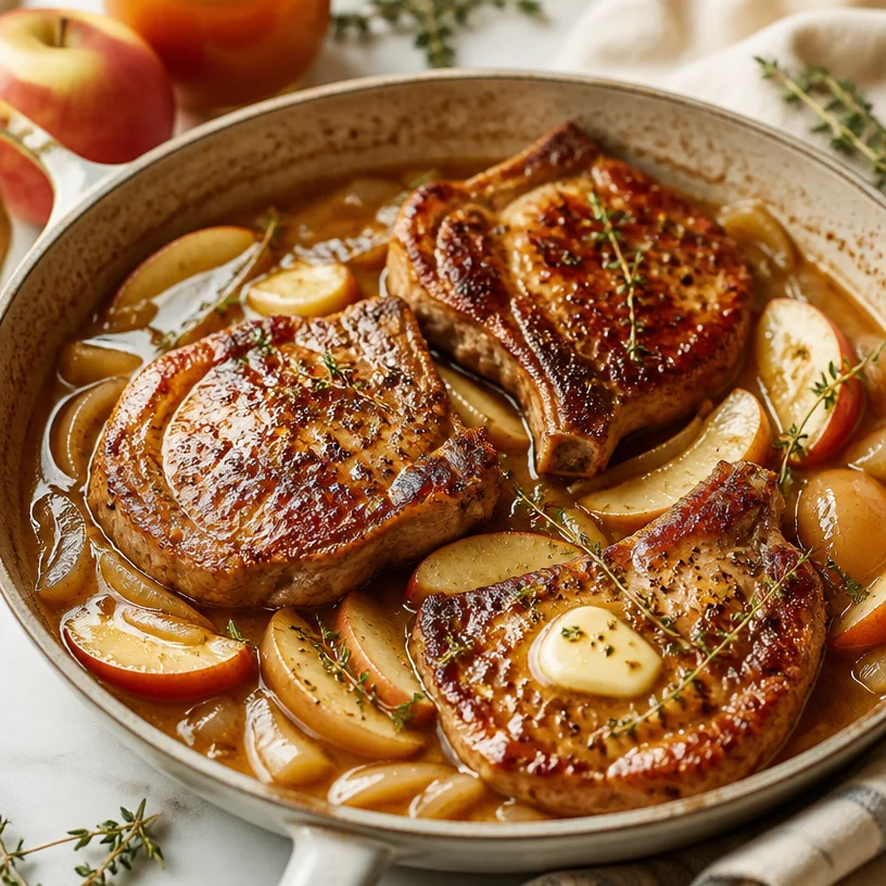 One-Pan Apple Cider Pork Chops cooked with fresh ingredients