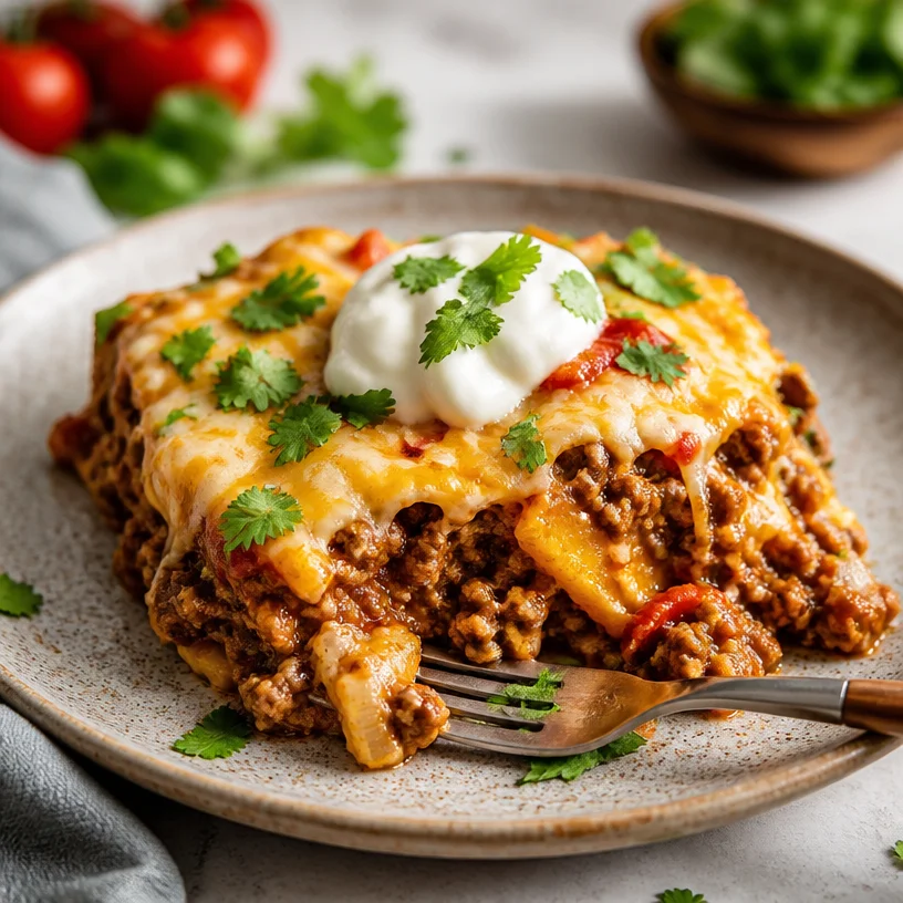 One-pan beef taco casserole dish prepared for a quick weeknight meal.