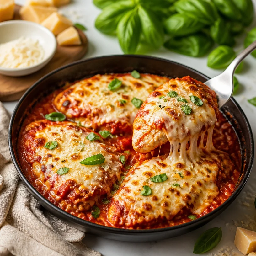 One-Pan Chicken Parmesan Bake dish ready to serve, topped with cheese and herbs.