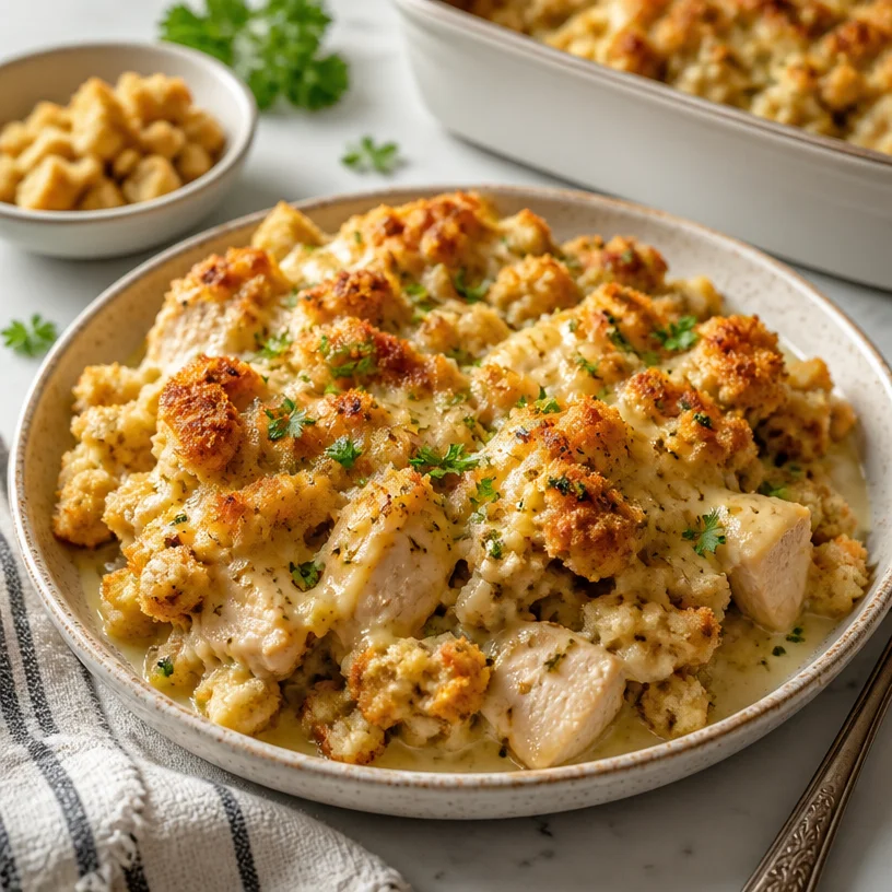 One-Pan Chicken & Stuffing Bake served with fresh herbs and vibrant vegetables.