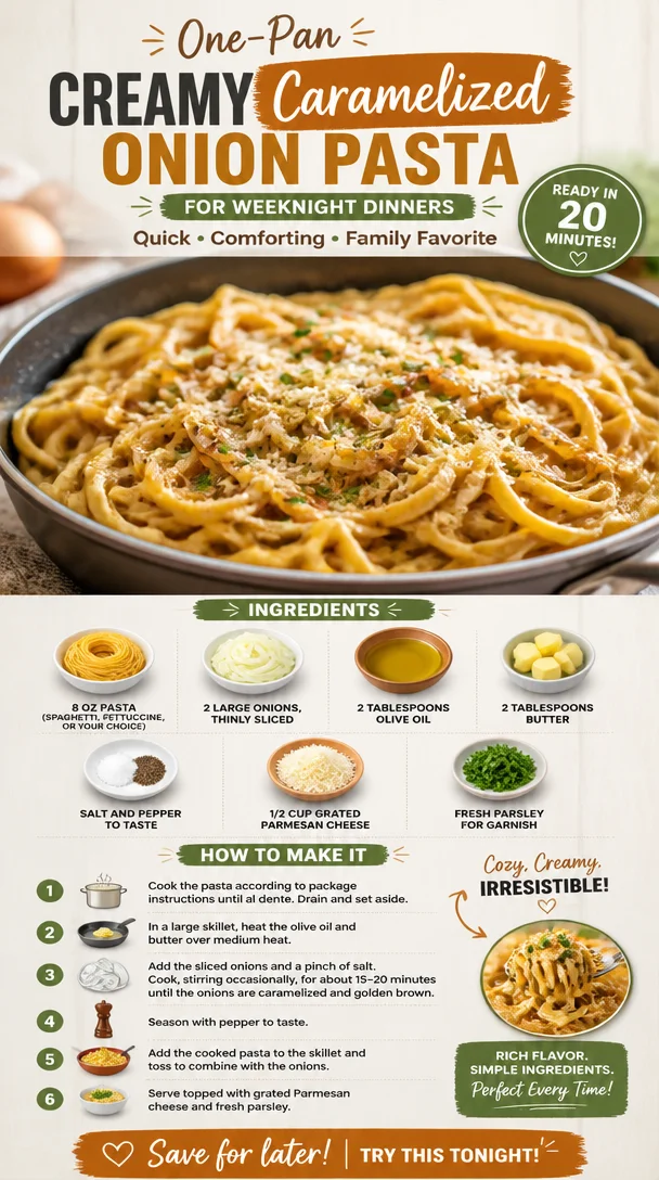 One-Pan Creamy Caramelized Onion Pasta dish served in a bowl.