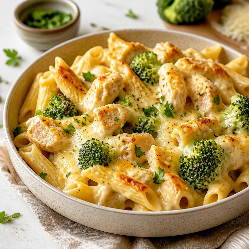 One-Pan Creamy Chicken Alfredo Bake with Broccoli dish ready to serve