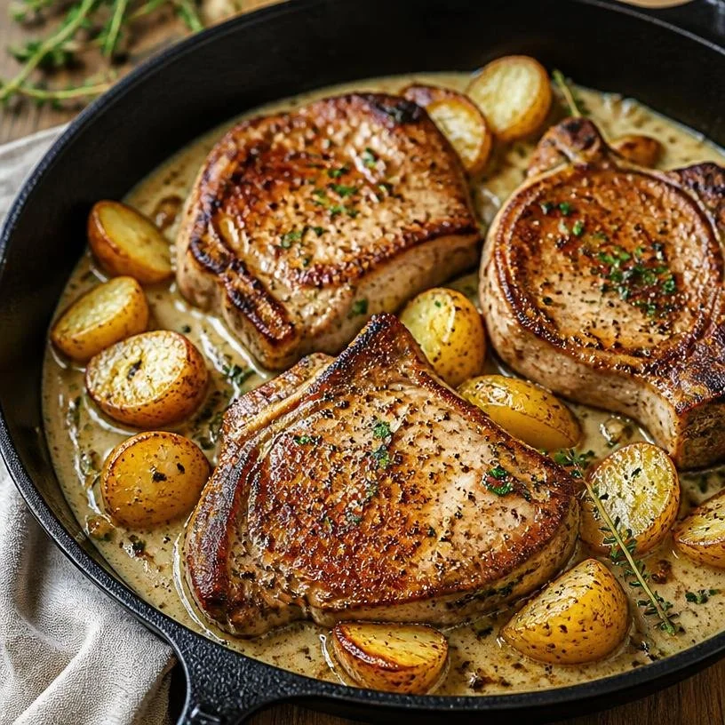 One-pan creamy garlic pork chops served with roasted potatoes