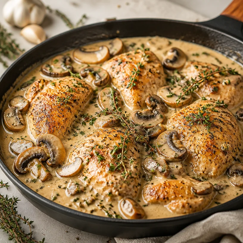 Delicious one-pan creamy mushroom chicken skillet ready to be served.