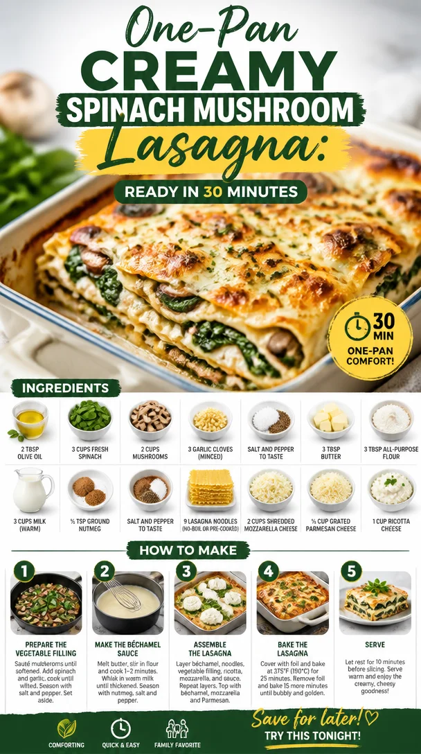 One-Pan Creamy Spinach Mushroom Lasagna ready in 30 minutes