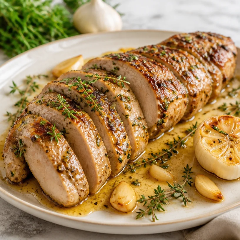 One-Pan Garlic Butter Pork Tenderloin served with herbs and vegetables