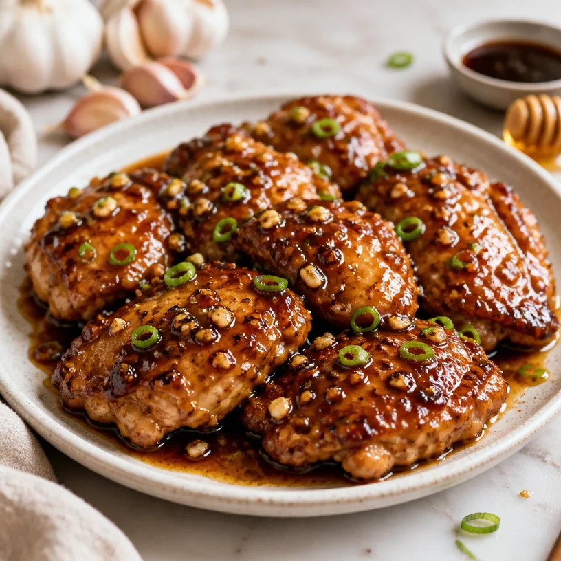 One-Pan Honey Garlic Chicken served with a side of vegetables