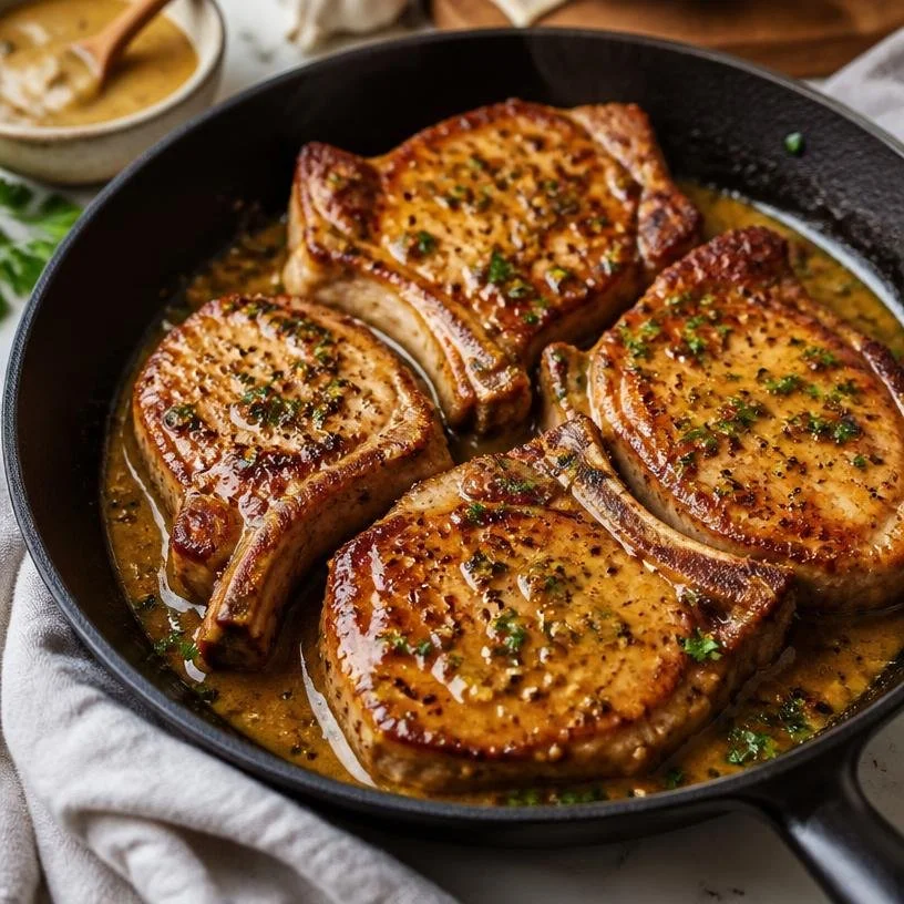 One-pan honey mustard pork chops dish prepared in 25 minutes