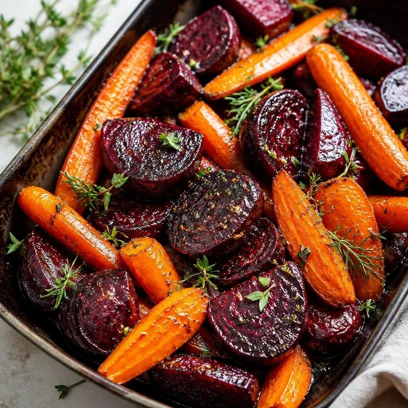 One-pan dish featuring honey roasted beets and carrots, a vibrant and delicious side.