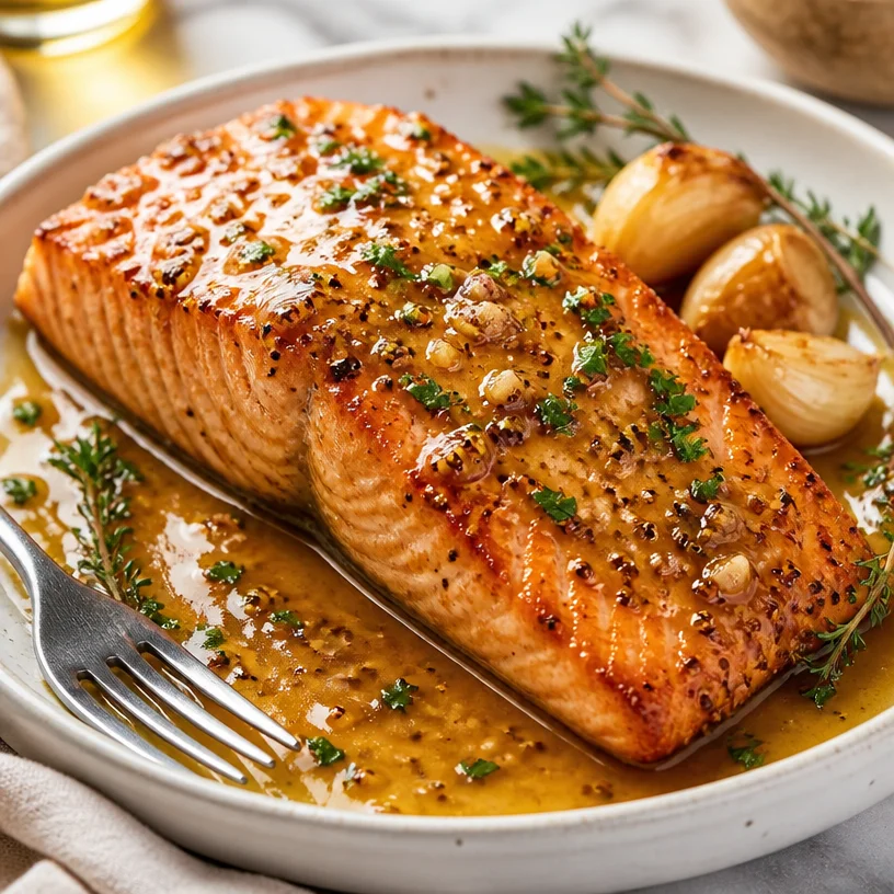 One-Pan Maple Dijon Salmon cooked with a sweet glaze, finished in 20 minutes.