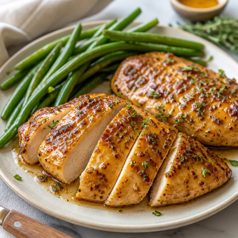 One-Pan Maple Mustard Chicken served on a plate with green vegetables