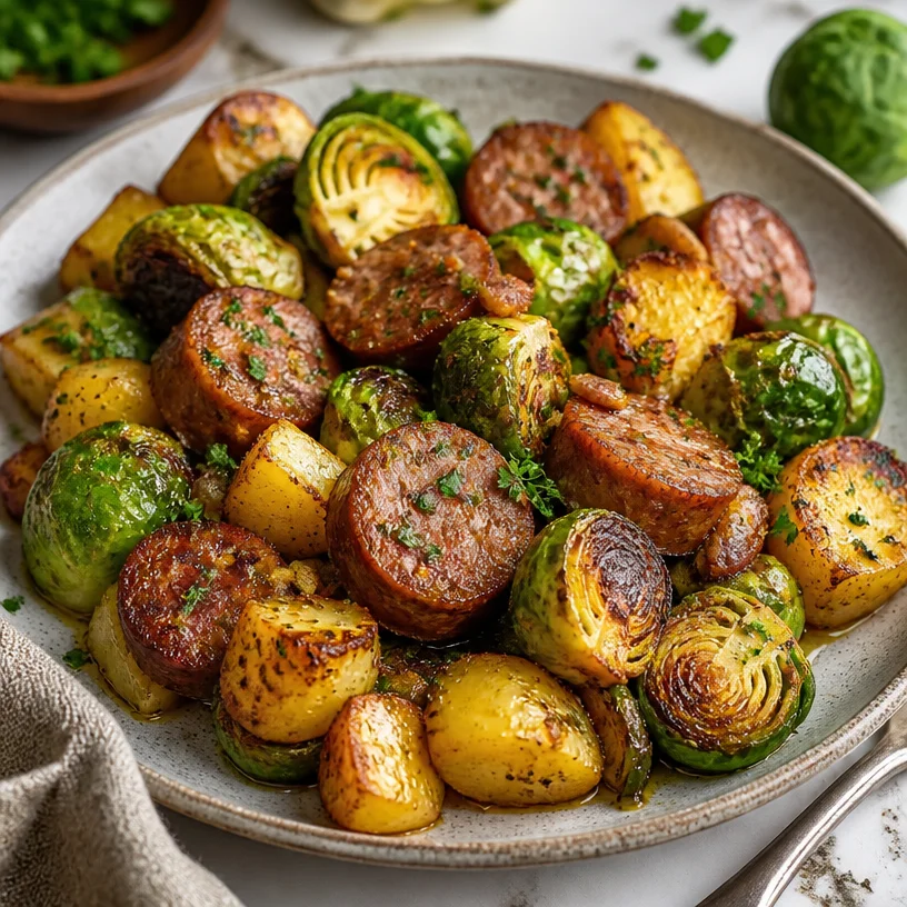 One-Pan Sausage Veggies dish featuring colorful vegetables and sausage.
