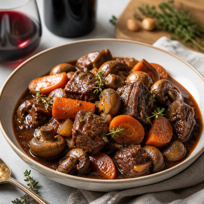 One-pot beef bourguignon simmering with vegetables and herbs in a cozy kitchen.