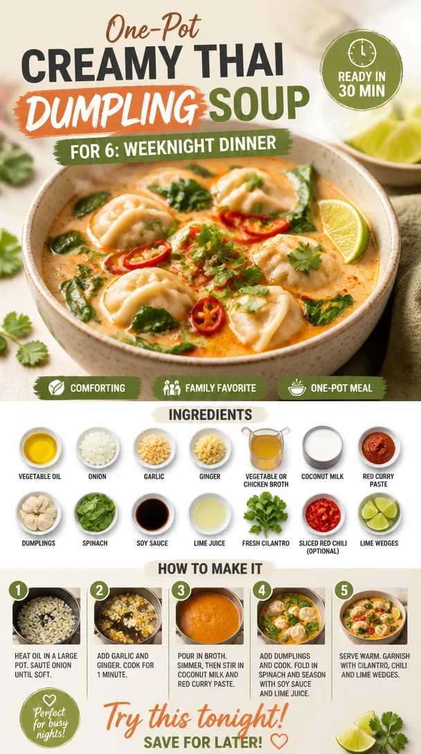 Creamy Thai dumpling soup in a pot, perfect for a weeknight dinner for six.