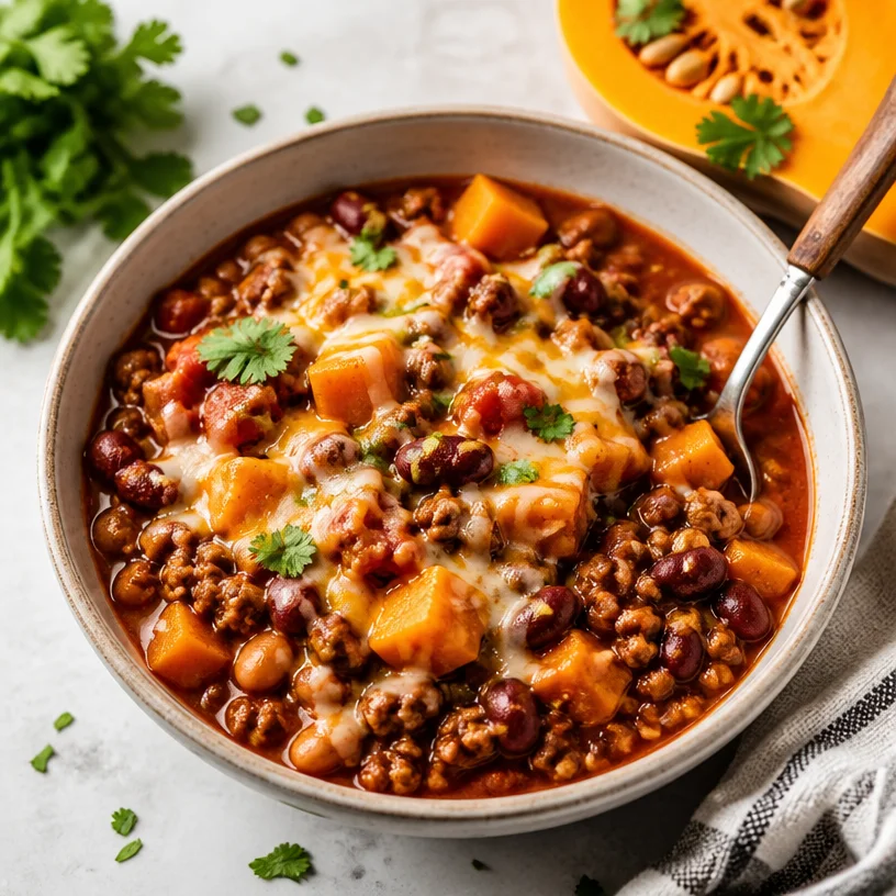 One-Pot Weeknight Beef and Butternut Squash Chili served in a bowl