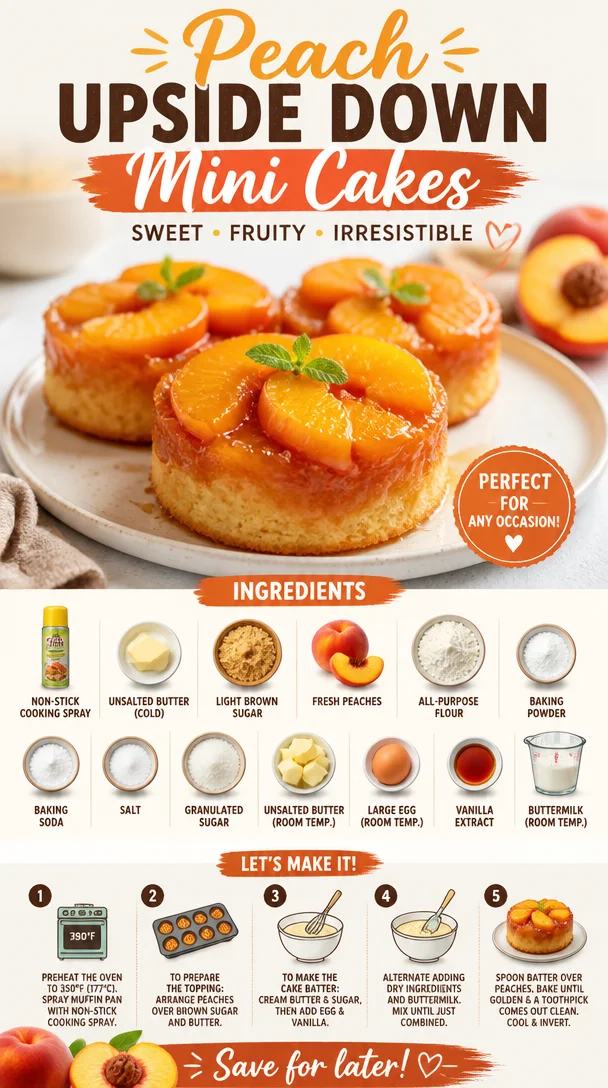 Peach upside down mini cakes beautifully garnished and served on a plate.