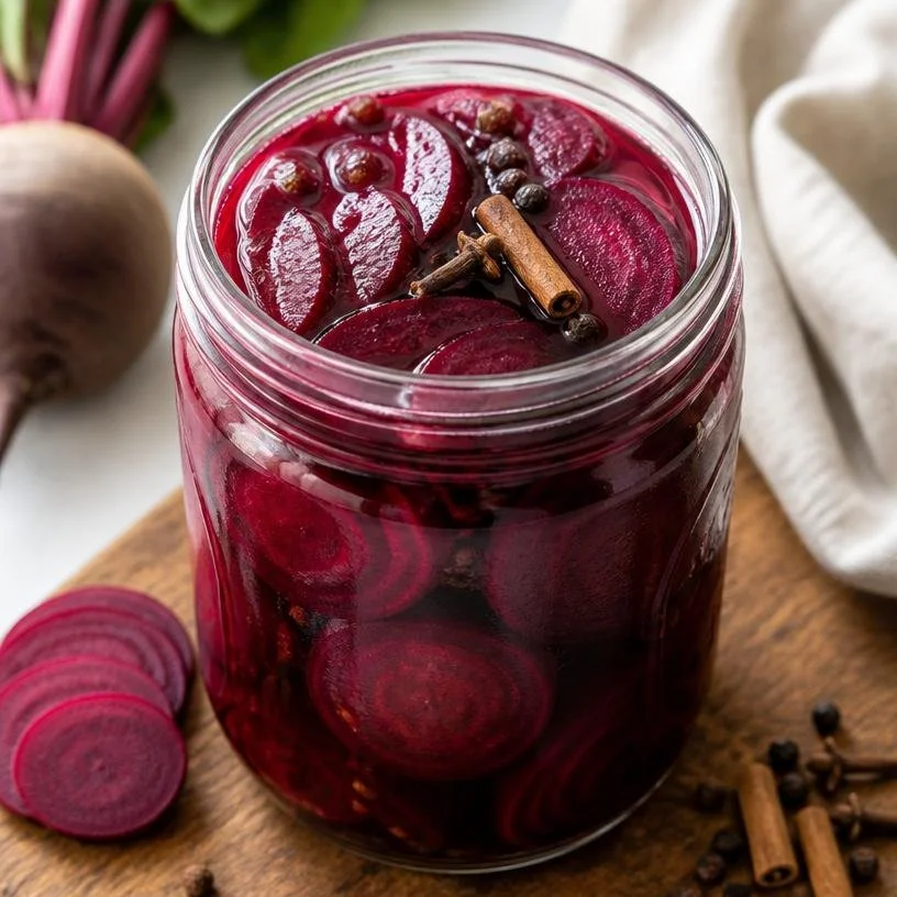 Jar of vibrant pickled beets ready to serve as a tangy side dish or salad ingredient.