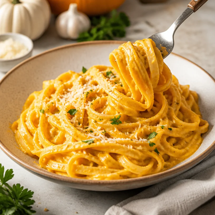 Delicious Pumpkin Alfredo Pasta topped with herbs and parmesan