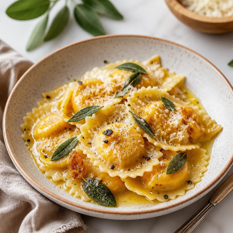 Delicious Pumpkin Sage Ravioli served with sage butter sauce