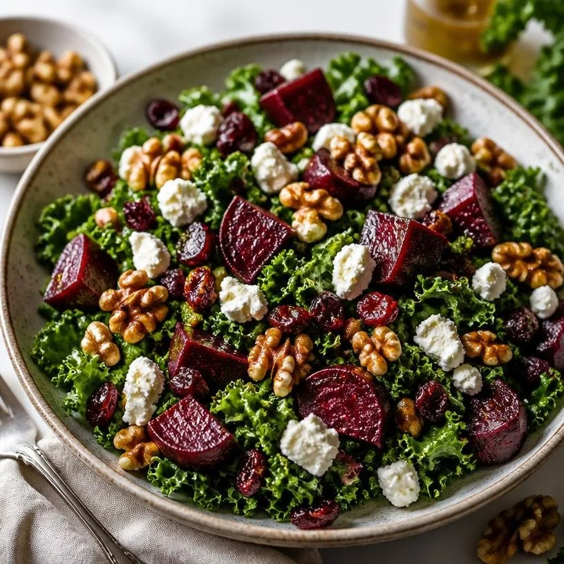 Colorful roasted beet and kale salad served in a bowl with a light dressing