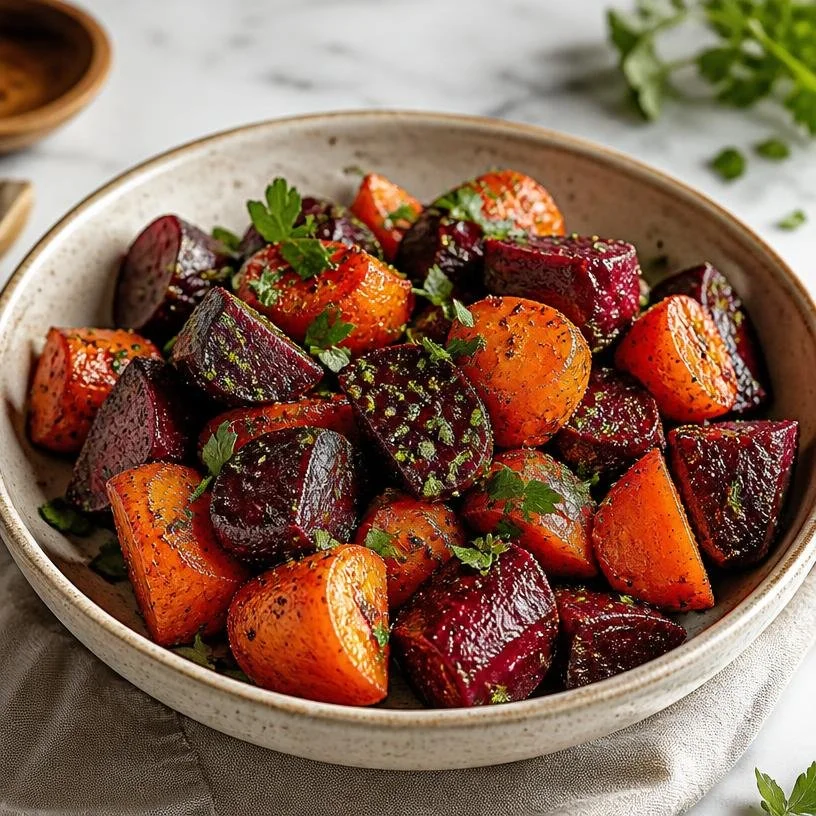 Sheet-pan roasted beets and carrots on a serving platter