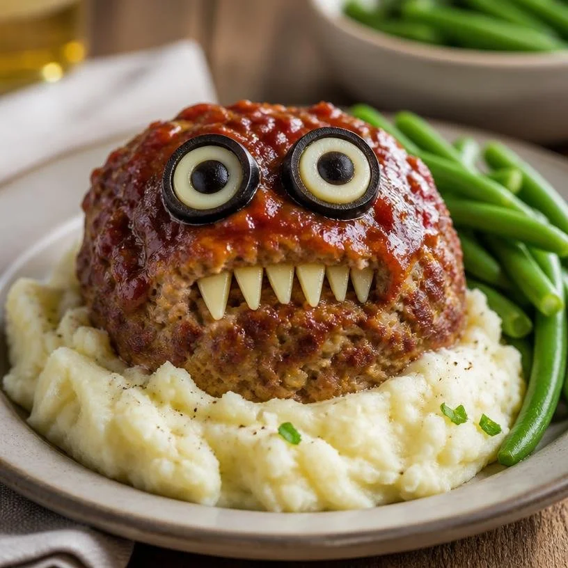 Single Mini Monster Meatloaf served with vegetables and sauce