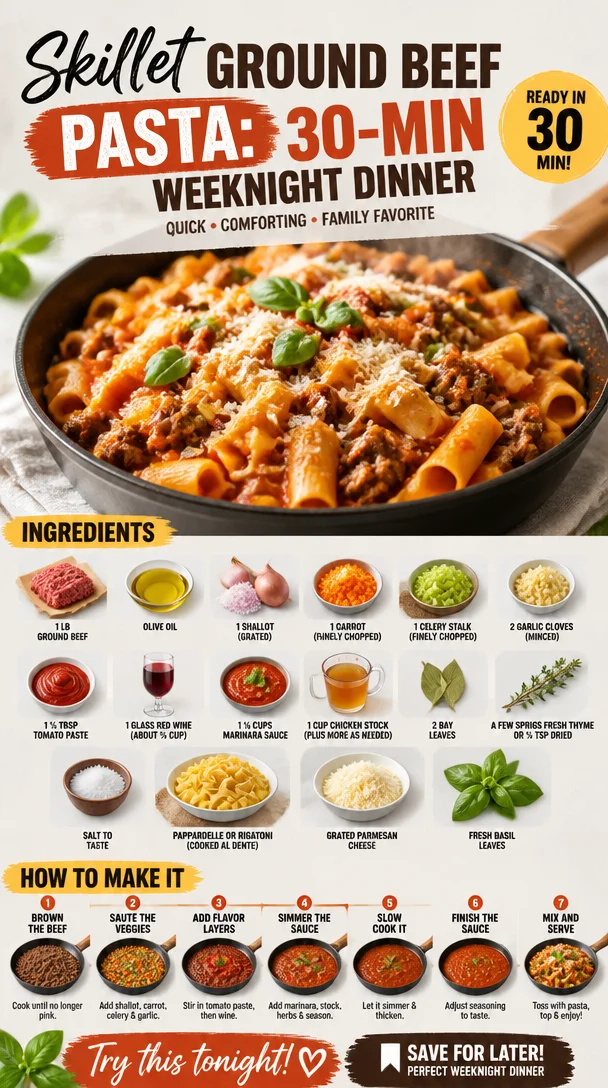 Skillet ground beef pasta dish cooked in a skillet, ready for dinner.