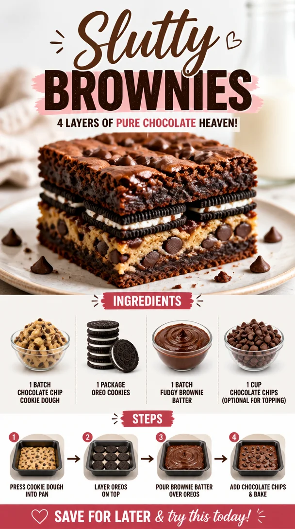 Decadent slutty brownies layered with cookie dough and brownie batter.