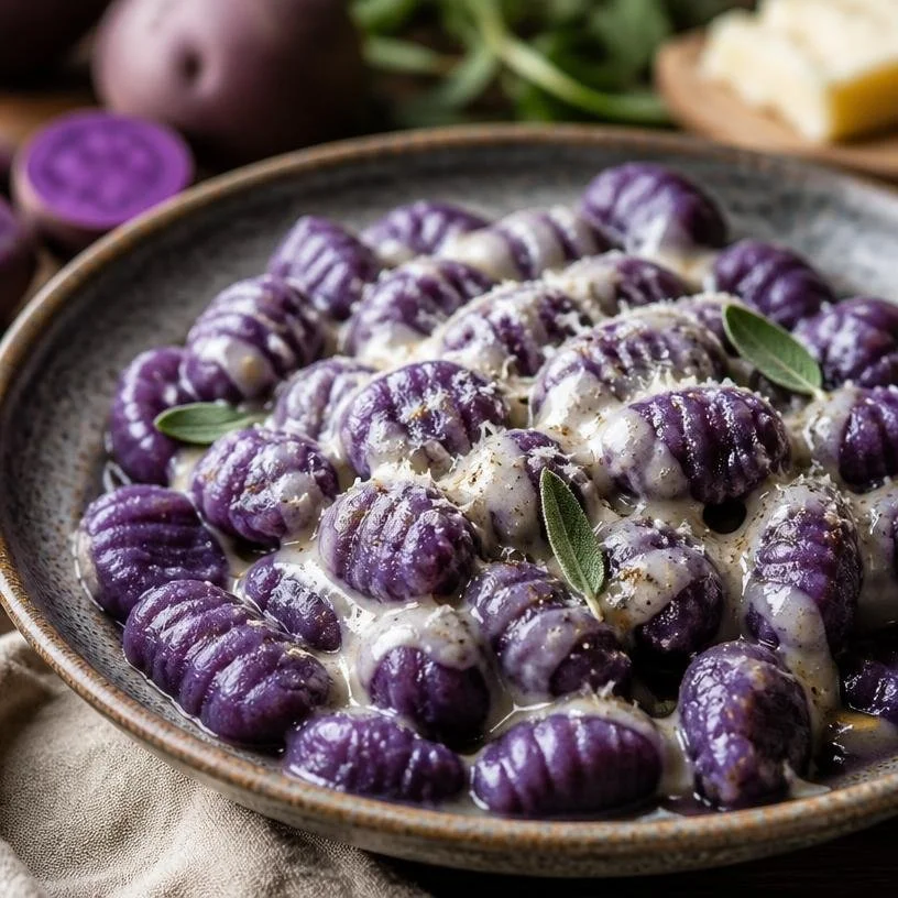 Plate of spooky gnocchi with Halloween-themed decorations