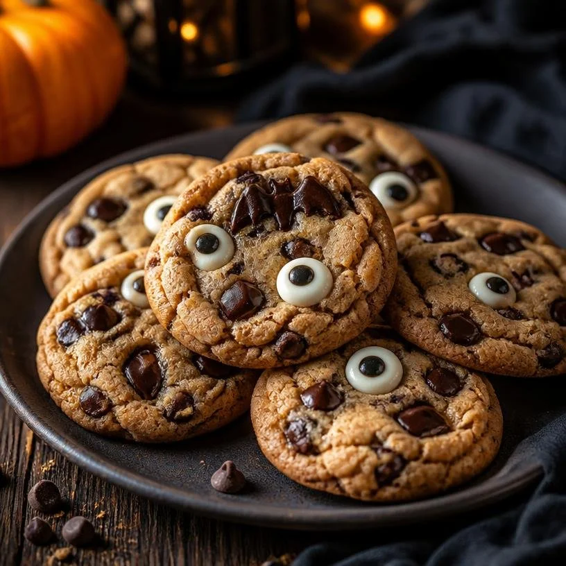 Spooky Halloween chocolate chip cookies ready to eat