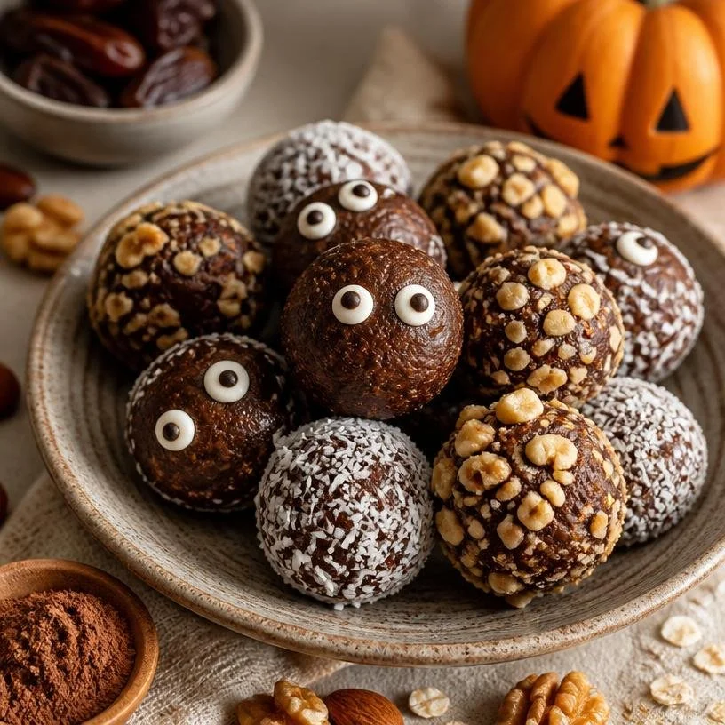 Spooky no-bake vegan Halloween treats on a festive table