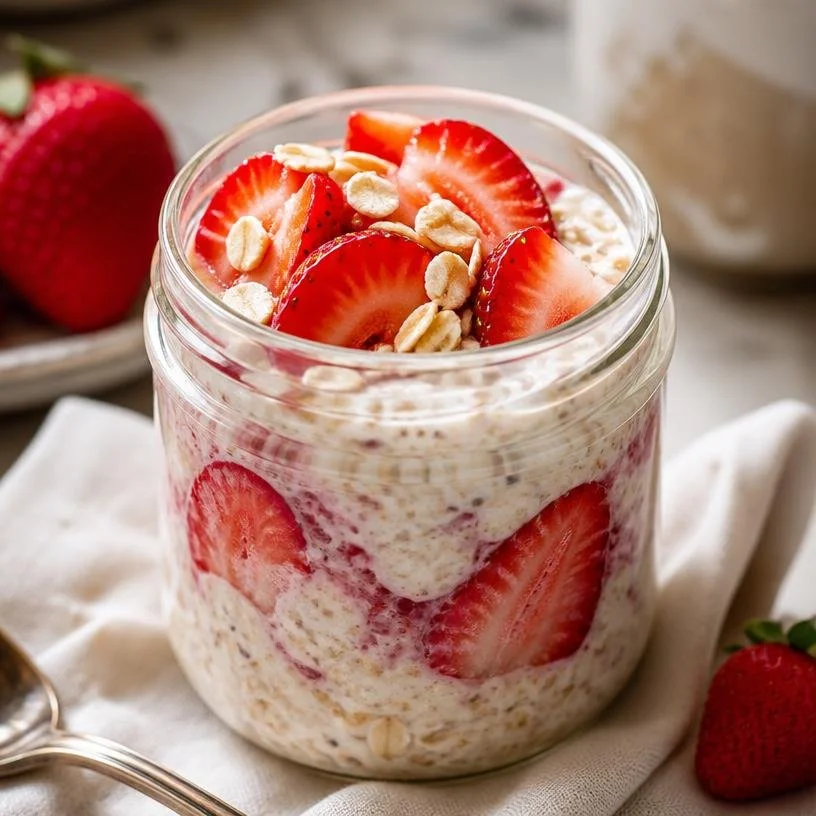 Bowl of strawberries and cream overnight oats topped with fresh berries