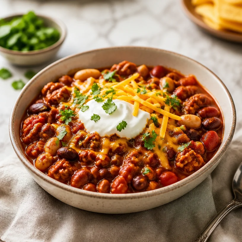 Bowl of hearty Turkey Chili topped with fresh herbs and spices