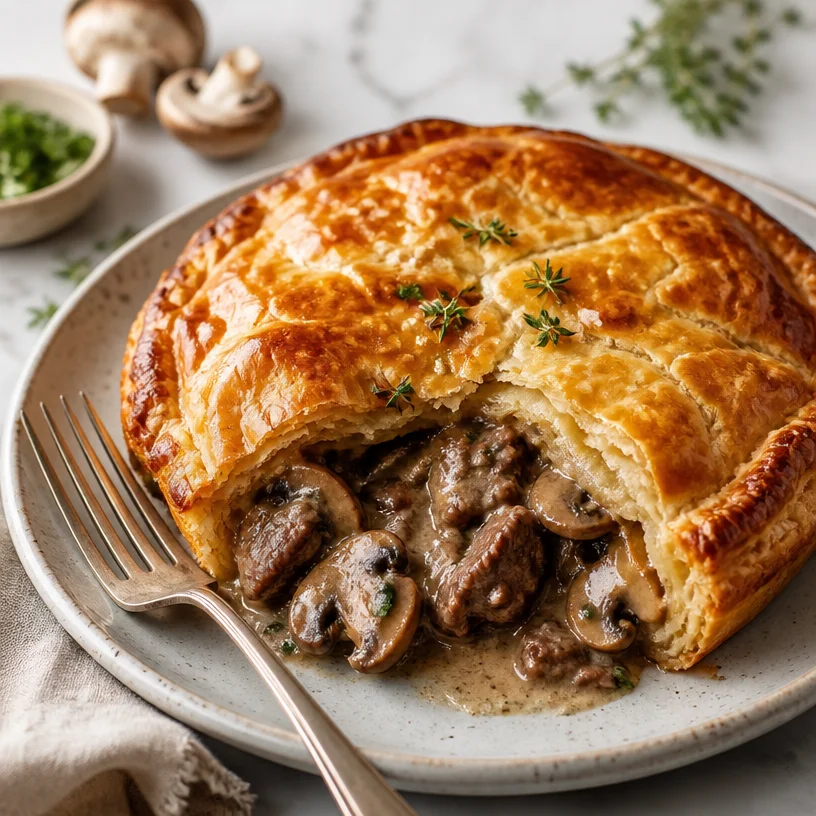 Delicious Beef Mushroom Pie served on a plate, ideal for a quick weeknight dinner.