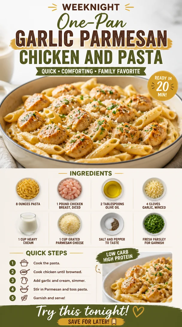 One-pan garlic parmesan chicken with pasta in a skillet