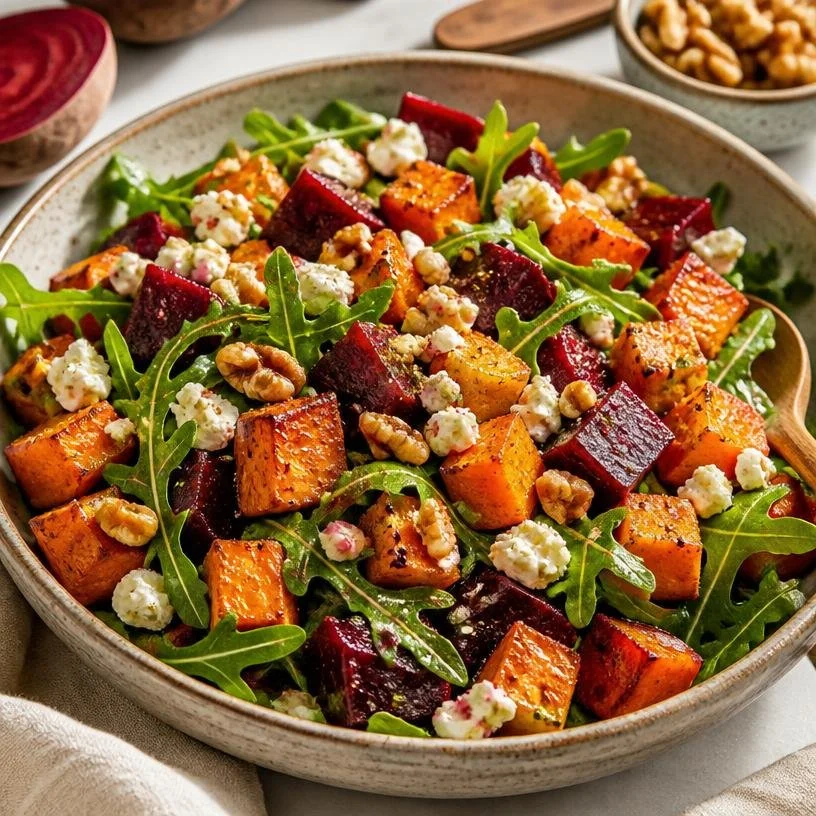 Colorful roasted beet and sweet potato salad served on a plate.