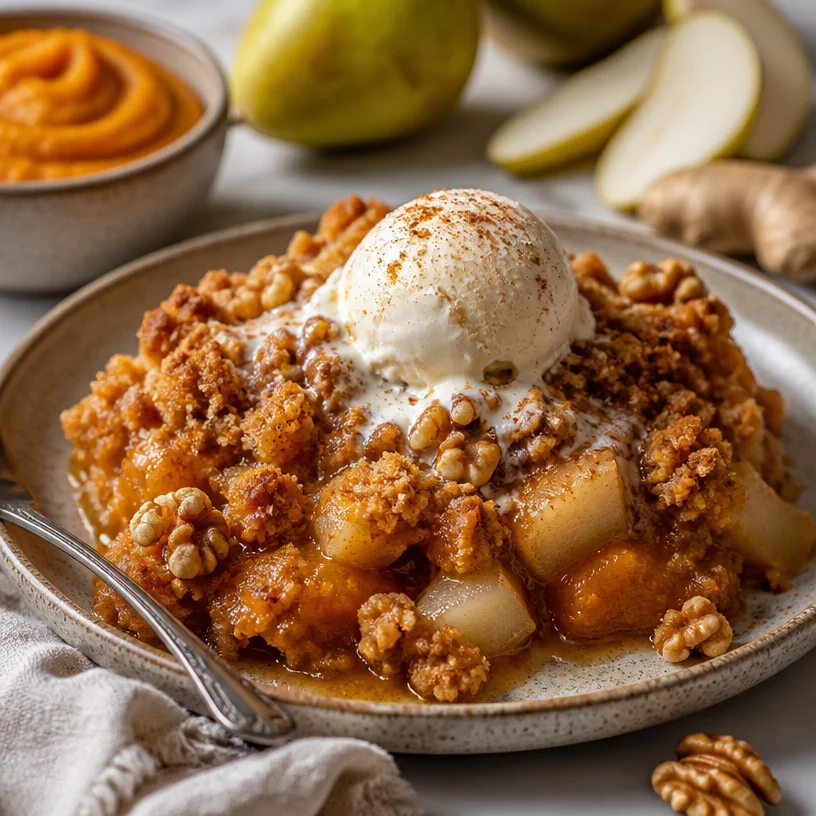 Autumn pumpkin-pear ginger dump cake topped with whipped cream and spices