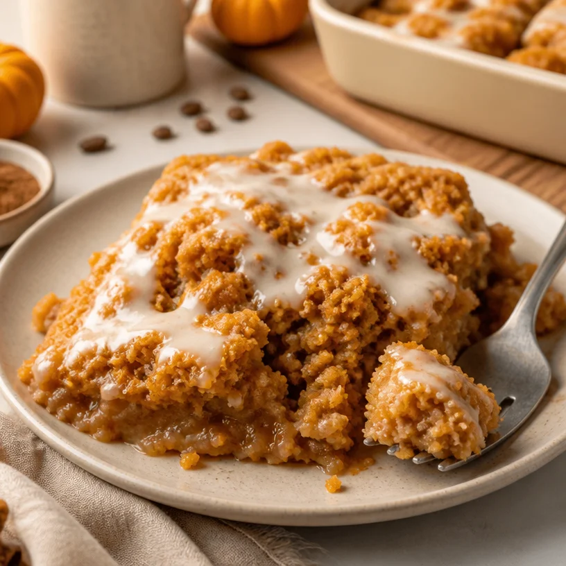 Autumn Pumpkin Spice Latte Dump Cake ready to serve with whipped cream