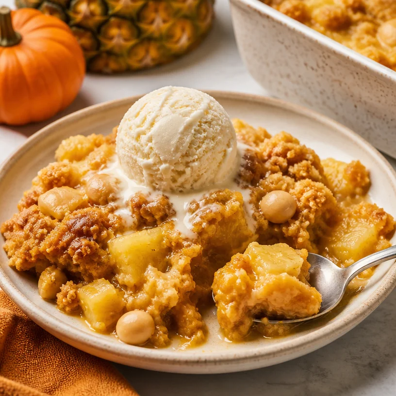 Delicious pumpkin pineapple dump cake served with whipped cream in a cozy kitchen setting.