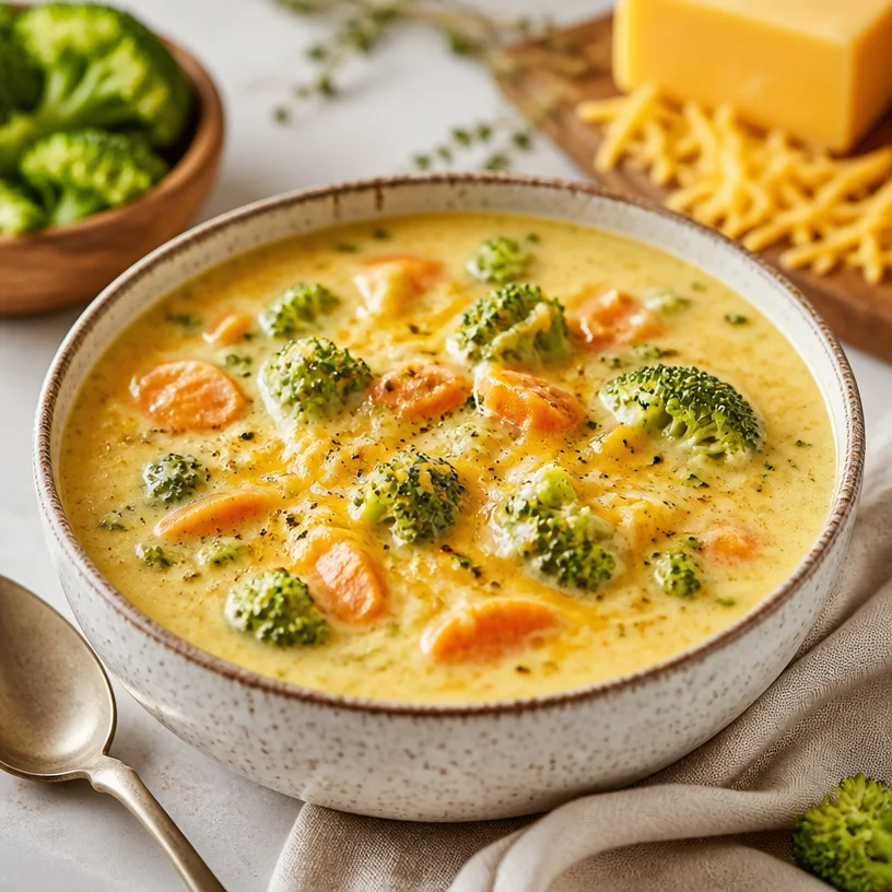Bowl of creamy Broccoli Cheddar Soup garnished with fresh broccoli and cheese