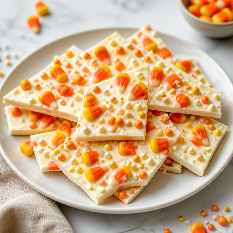 Delicious homemade Candy Corn Bark decorated with colorful candy corn and chocolate.