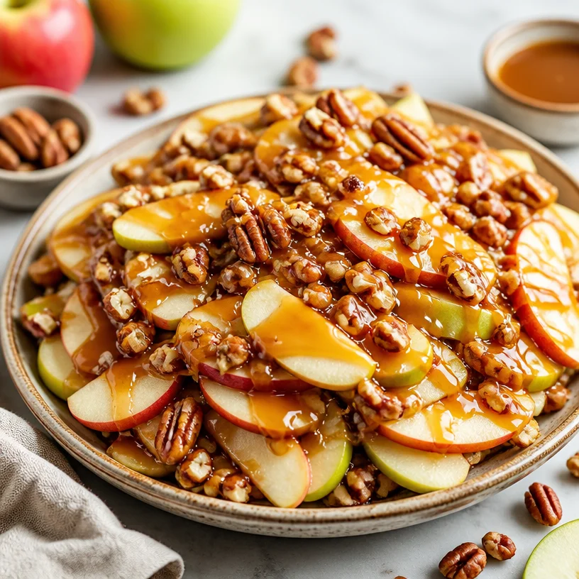 Delicious Caramel Apple Nachos topped with caramel and chocolate drizzle