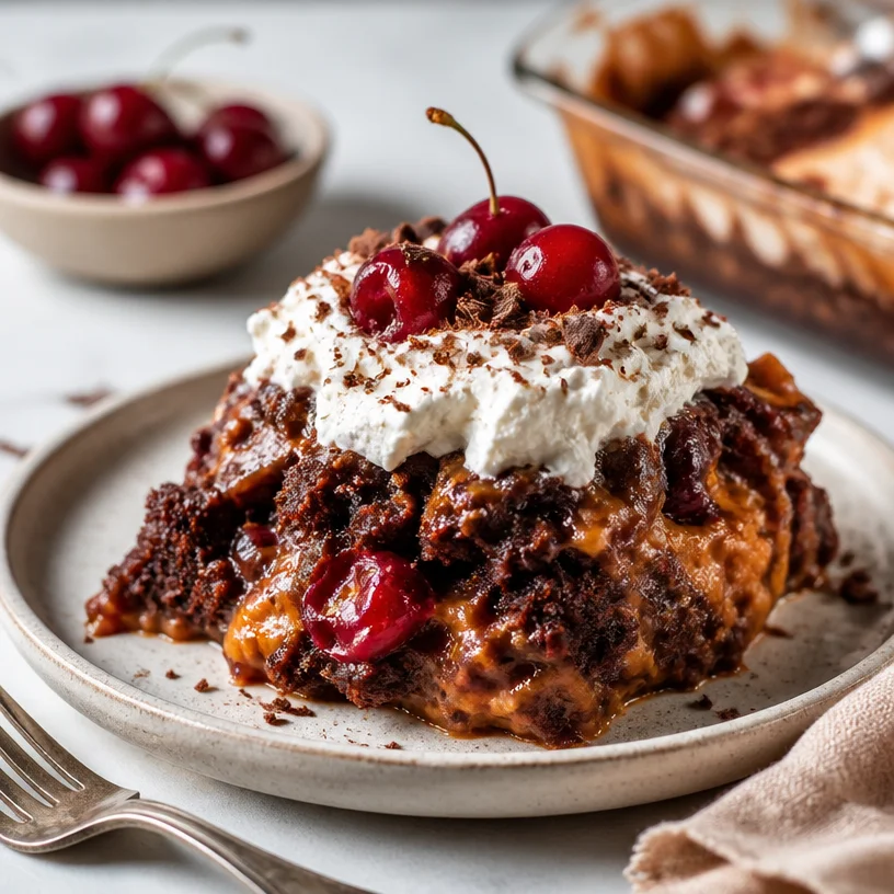 Cinnamon-spiced fall pumpkin black forest dump cake on a plate