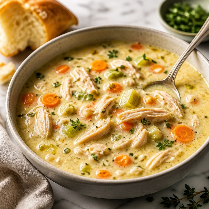 Bowl of creamy chicken soup ready to serve for a quick dinner