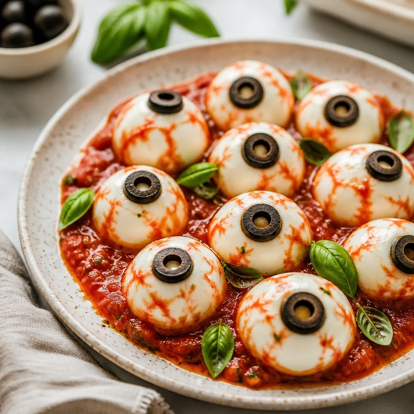 Creepy Halloween mozzarella eyeballs appetizer for spooky party