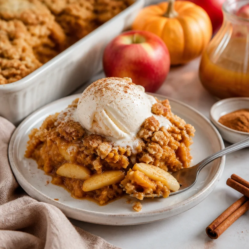 Fall Dump Cake with pumpkin and apple cider in a baking dish