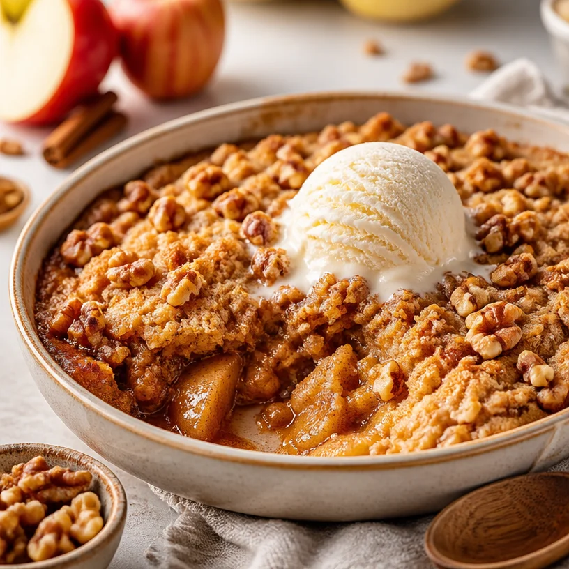 Delicious fall pumpkin dump cake with cinnamon apples and walnuts